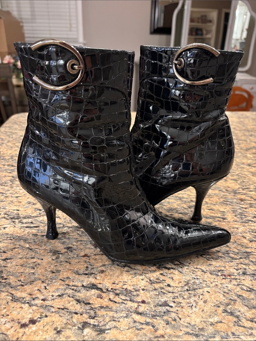 Stuart Weitzman Black Croc-Embossed Patent Leather Kitten Heel Booties | Size 7